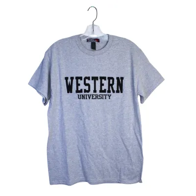 Grey t-shirt with Western University written in black felt script on the front.