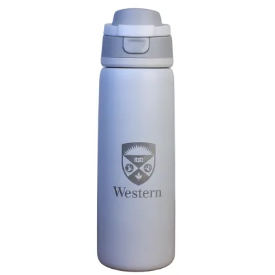 White water bottle with a beige engraved Western Crest logo on the front.