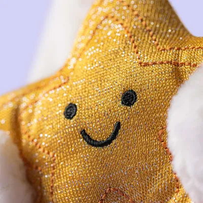 Close up of yellow plush star being held by a bunny