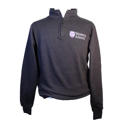 Charcoal quarter zip with "Western Alumni" embroidered on the left chest.