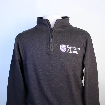 Charcoal quarter zip with "Western Alumni" embroidered on the left chest.