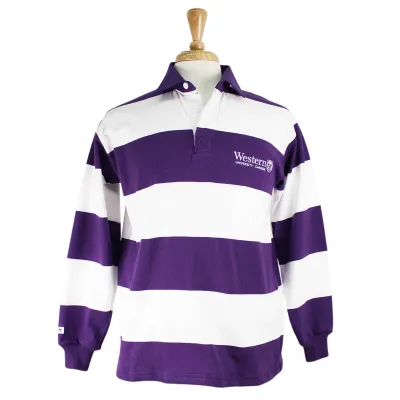 Purple and white striped rugby long sleeved collared top.