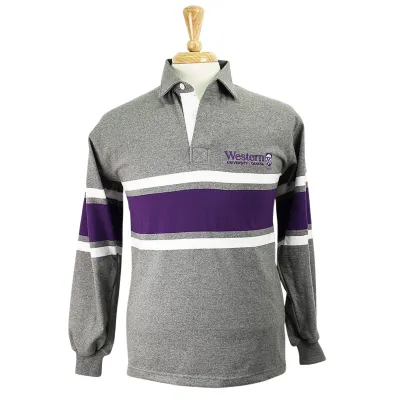 Grey, purple and white striped rugby shirt with collar and cuffed sleeves. Western University logo on left chest.
