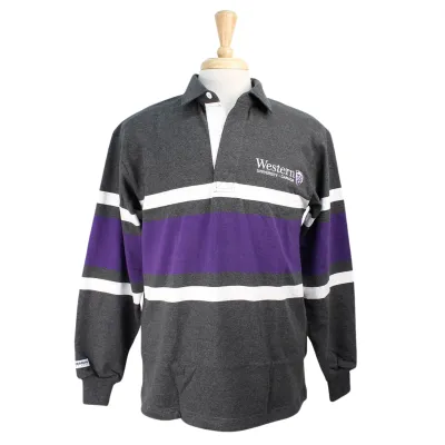 Grey, purple and white striped rugby shirt with collar and cuffed sleeves. Western University logo on left chest.