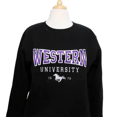 Black crew neck with "Western University 1878" and Mustangs graphic appliqued and embroidered on the front. 