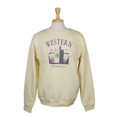 Cream crew neck with Western and graphic of the tower.