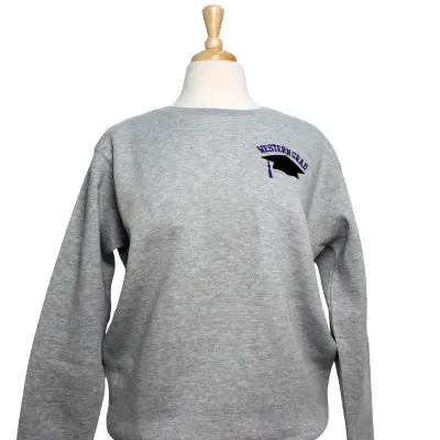 Heather grey crew neck with "Western Grad" and graduate cap embroidered on the left chest.