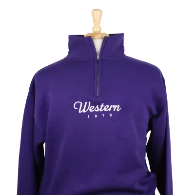 Purple 1/4 zip with "Western 1878" embroidered on the front. 