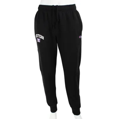 Black Champion sweat pants with drawstring waist. Western and Mustangs logo on the side leg.