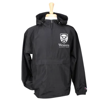 Black 1/4 zip Champion jacket with front pocket and zippered pocket pouch. White 'Western University Canada' and crest imprinted on left chest. 