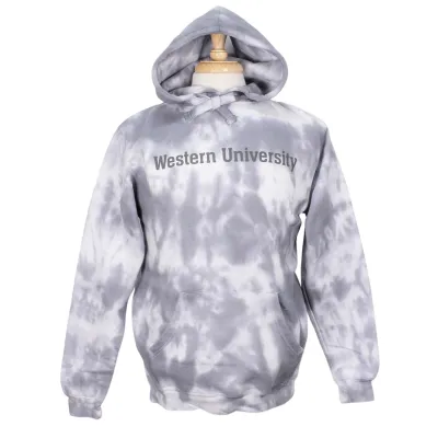 Grey and white tie dye hood with Western University screen printed on the front.