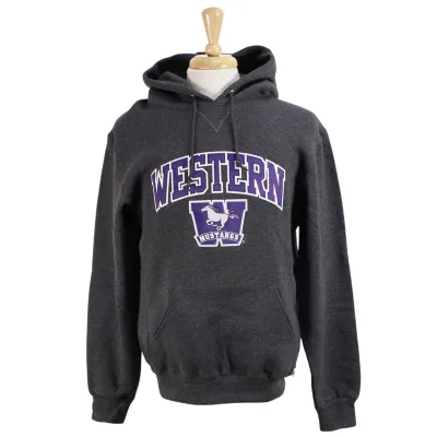 Charcoal Russell Athletic hood with front pocket. 'Western' twill font and sublimated Mustangs logo appliqued in white and purple.