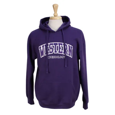 Purple hood with front pocket. Appliqued purple and white 'Western' twill font and embroidered 'Kinesiology' in white.