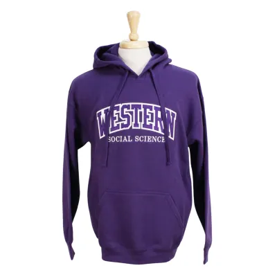 Purple hood with front pocket. Appliqued purple and white 'Western' twill font and embroidered 'Social Science' in white. 