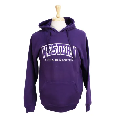 Purple hood with "Western" appliqued on the front and "Arts & Humanities" embroidered underneath. 