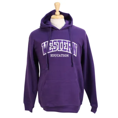 Purple hood with front pocket. Appliqued purple and white 'Western' twill font and embroidered 'Education' in white.