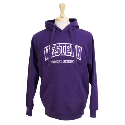 Purple hood with front pocket. Appliqued purple and white 'Western' twill font and embroidered 'Medical Sciences' in white.
