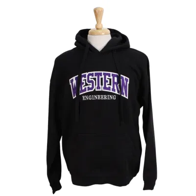 Black hood with front pocket.  Appliqued purple and white 'Western' twill font and embroidered 'Engineering' in white.