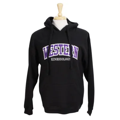 Black hood with front pocket. Appliqued purple and white 'Western' twill font and embroidered 'Kinesiology' in white. 