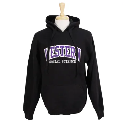 Black hood with front pocket and appliqued 'Western' in twill font and embroidered 'Social Science' in white.