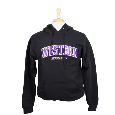 Black hood with "Western" appliqued on the front and "Education" embroidered underneath. 