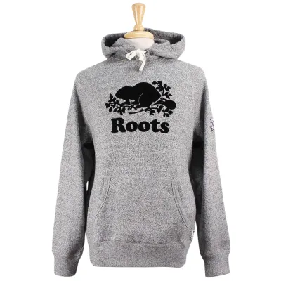Salt and pepper Roots hood with front pocket. 'Roots' logo on the front and embroidered western university leaf felt patch on the left arm.