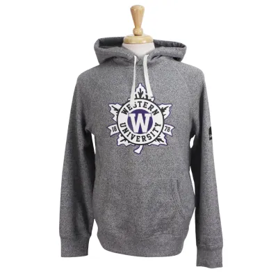 Salt and Pepper Roots hood with flocked Western University leaf design on the front. Roots logo on the left sleeve.