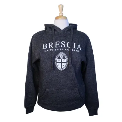 Charcoal pepper hood with "Brescia University College" and Crest printed on the front.