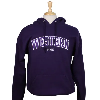 Purple hood with "Western" appliqued on the front and "Fims" embroidered underneath.