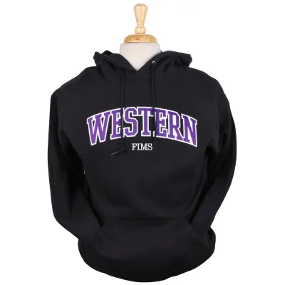 Black hood with "Western" appliqued on the front and "Fims" embroidered underneath.