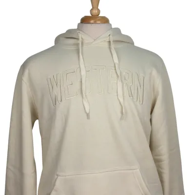 Cream soft blend fleece hood with Western embroidered in the same colour on the front.