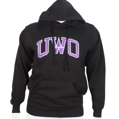Black hood with vintage "UWO" design appliqued on the front.