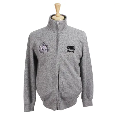 Salt and pepper Roots full zip track jacket with W leaf applique design on the right chest. Roots flocked logo on the left chest. 