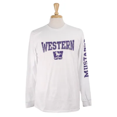 White long sleeved t-shirt with screened Western and Mustangs logo on the front and 'Mustangs' down left arm in purple.