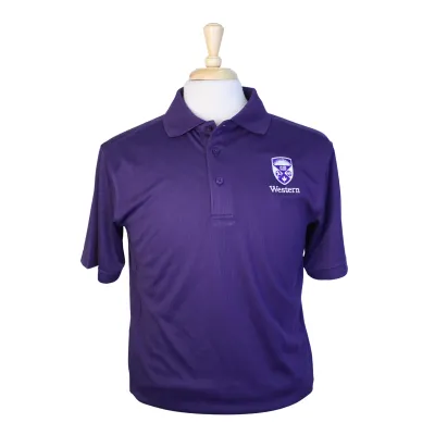 Purple polo with collar and Western Crest logo embroidered on the left chest.