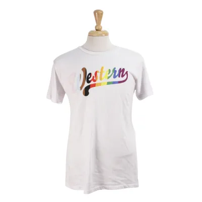 White Western Pride tee shirt screen printed "Western" in a rainbow gradient.