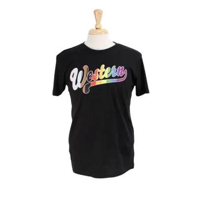 Black pride tee shirt with "Western" graphic in a rainbow gradient.