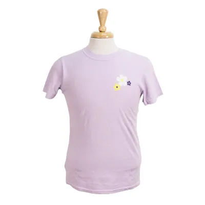 Orchid purple tee with screen printed flowers graphic on the left chest and "Peace and love and Western" script on the back. 