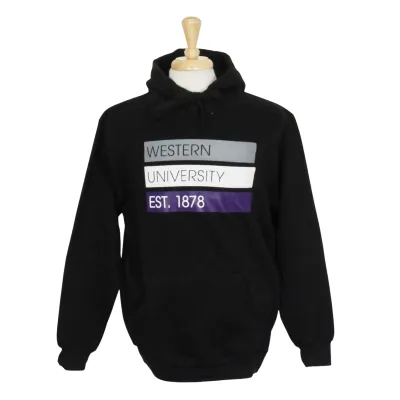Black hood with Western University Est. 1878 graphic in purple, white and grey.