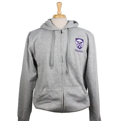 Ash grey soft blend full zip with drawstring hood and the Western Crest embroidered on the left chest.