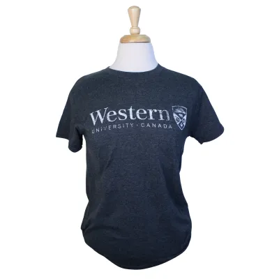Dark heather grey tee with Western University and Crest logo printed on the front.