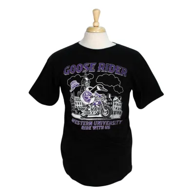 Black tee with Chase the Goose biker graphic screen printed on the front.