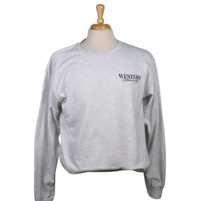 Western heritage long sleeve with "Western University" script printed on the left chest and a vintage graphic in the back.