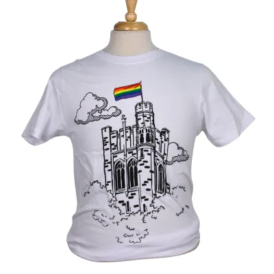 White tee shirt with a sketch of University College and a pride flag graphic.