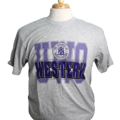 Athletic heather grey tee with heritage UWO graphic printed on the front. 