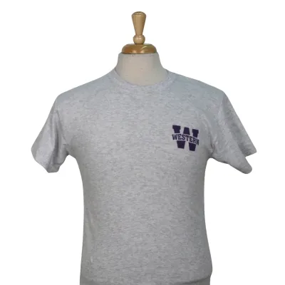 Grey tee with "Western W" graphic on the left chest and "She doesn't even go here" script on the back.