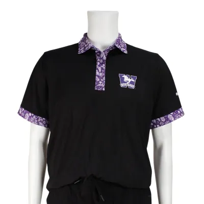Black, purple and white polo with tropical pattern on the sleeves and collar. Mustang logo on the left chest.