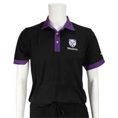 Black and purple polo with Western Crest on the left chest.