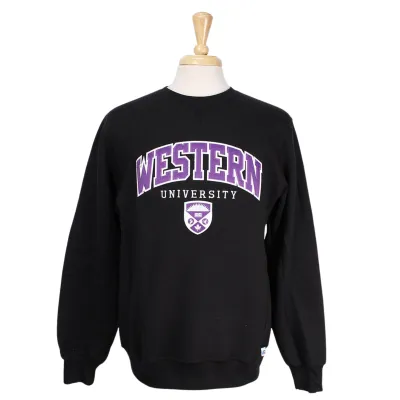 Black Russell Athletic crew neck. Appliqued 'Western' twill font, sublimated crest and embroidered 'University' in white and purple.