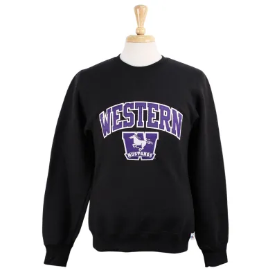 Black crew neck. Appliqued 'Western' twill font, sublimated Mustangs logo embroidered in white and purple.